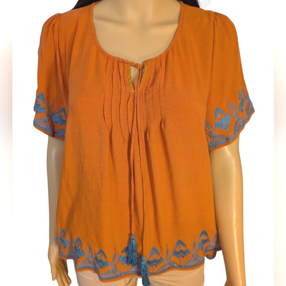 Umgee Burnt Orange and Blue Embroidery Boho Shirt - Picture 13 of 13